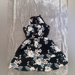 Aqua halter black floral dress, small